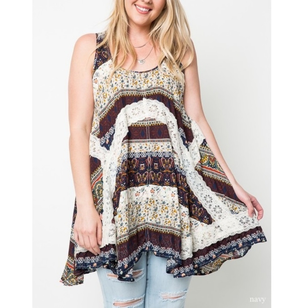Bohemian Floral Print Lace Detail Tunic Dress